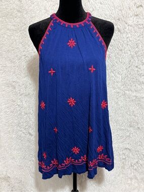 LOFT Blue Halter Tank with Red Embroidery